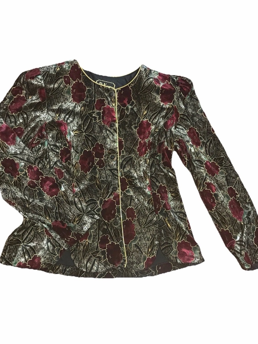 Vintage R&K Evening Floral Velvet Jacket Burgundy Metallic Gold Trim Sz 10